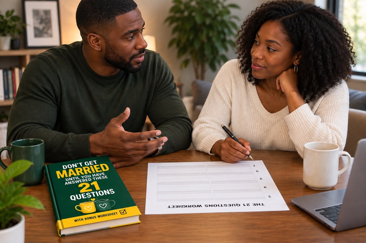 A couple at a table working through the 21 Questions worksheet together